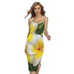 White And Yellow Plumeria Flower Print Cross Back Cami Dress