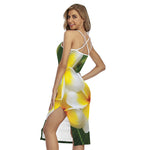 White And Yellow Plumeria Flower Print Cross Back Cami Dress
