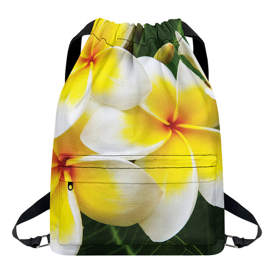 White And Yellow Plumeria Flower Print Drawstring Backpack