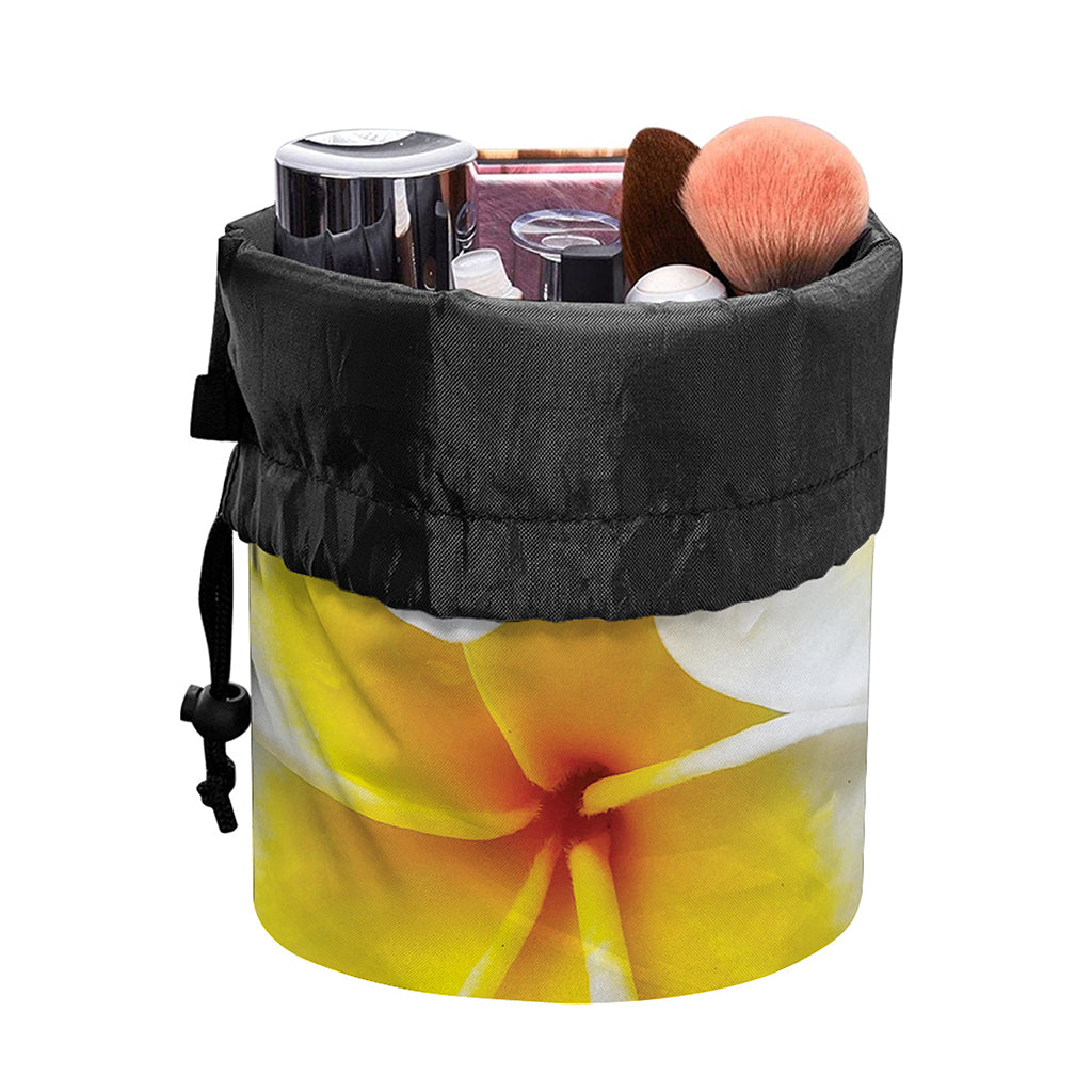 White And Yellow Plumeria Flower Print Drawstring Makeup Bag