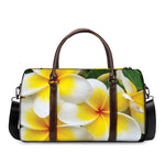White And Yellow Plumeria Flower Print Duffle Bag