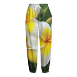 White And Yellow Plumeria Flower Print Fleece Lined Knit Pants
