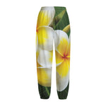 White And Yellow Plumeria Flower Print Fleece Lined Knit Pants