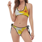 White And Yellow Plumeria Flower Print Halter Scoop Tie Side Bikini