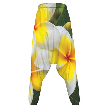 White And Yellow Plumeria Flower Print Hammer Pants