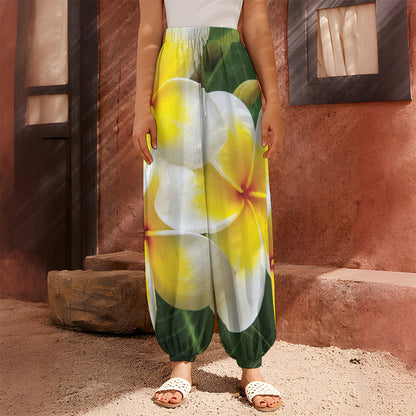 White And Yellow Plumeria Flower Print Harem Pants