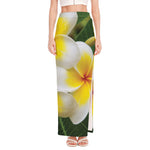 White And Yellow Plumeria Flower Print High Slit Maxi Skirt
