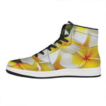 White And Yellow Plumeria Flower Print High Top Leather Sneakers