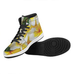 White And Yellow Plumeria Flower Print High Top Leather Sneakers