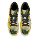 White And Yellow Plumeria Flower Print High Top Leather Sneakers