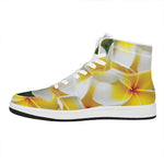 White And Yellow Plumeria Flower Print High Top Leather Sneakers