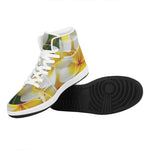 White And Yellow Plumeria Flower Print High Top Leather Sneakers