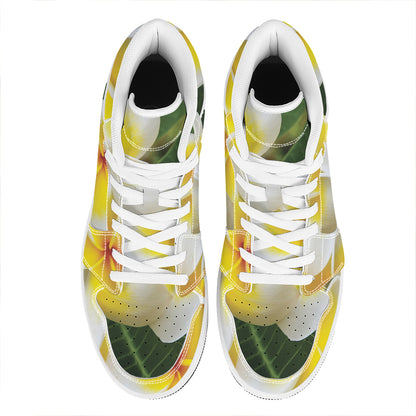 White And Yellow Plumeria Flower Print High Top Leather Sneakers