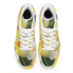 White And Yellow Plumeria Flower Print High Top Leather Sneakers