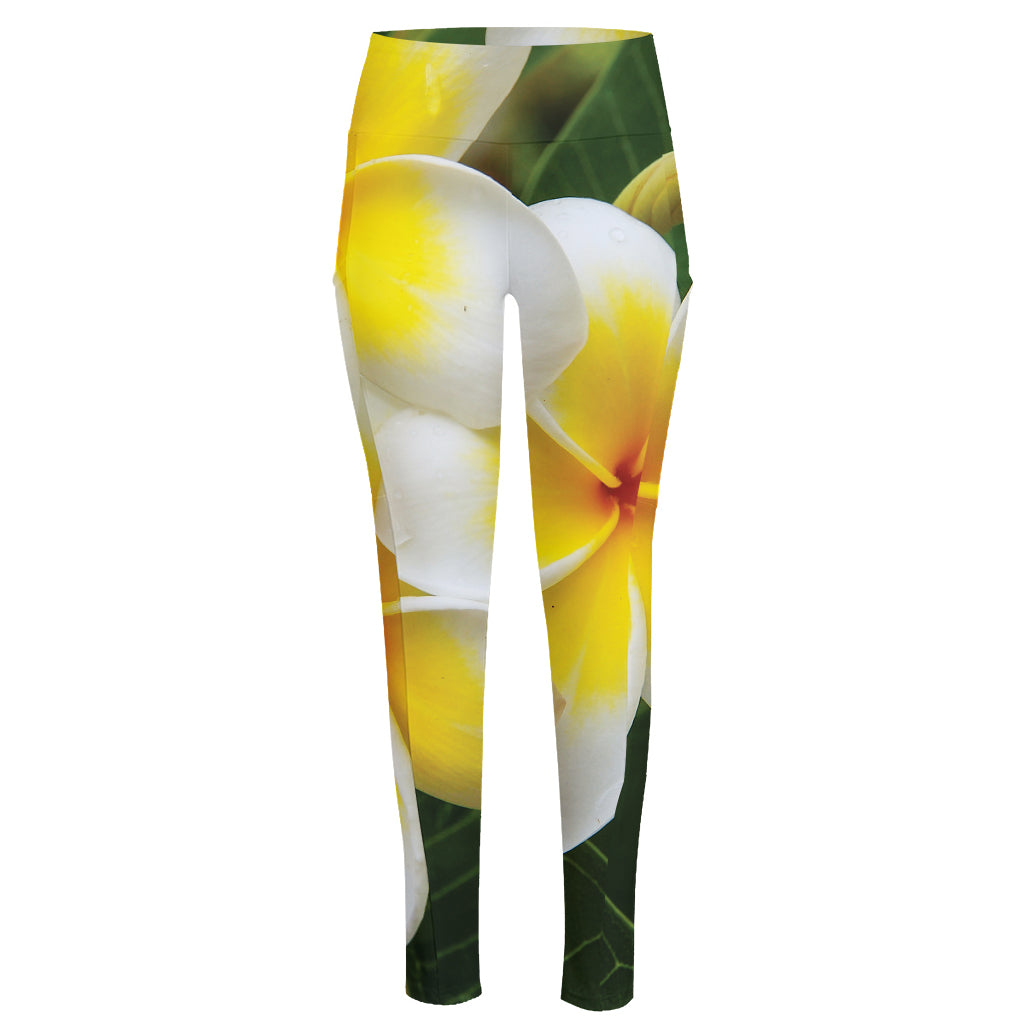 White And Yellow Plumeria Flower Print High-Waisted Pocket Leggings