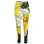 White And Yellow Plumeria Flower Print High-Waisted Pocket Leggings