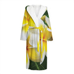 White And Yellow Plumeria Flower Print Hooded Bathrobe