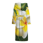 White And Yellow Plumeria Flower Print Hooded Bathrobe