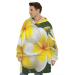 White And Yellow Plumeria Flower Print Hoodie Blanket