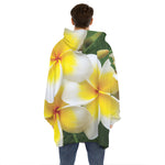 White And Yellow Plumeria Flower Print Hoodie Blanket