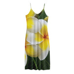 White And Yellow Plumeria Flower Print Jersey Midi Cami Dress