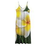 White And Yellow Plumeria Flower Print Jersey Midi Cami Dress