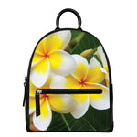 White And Yellow Plumeria Flower Print Leather Backpack