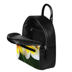 White And Yellow Plumeria Flower Print Leather Backpack