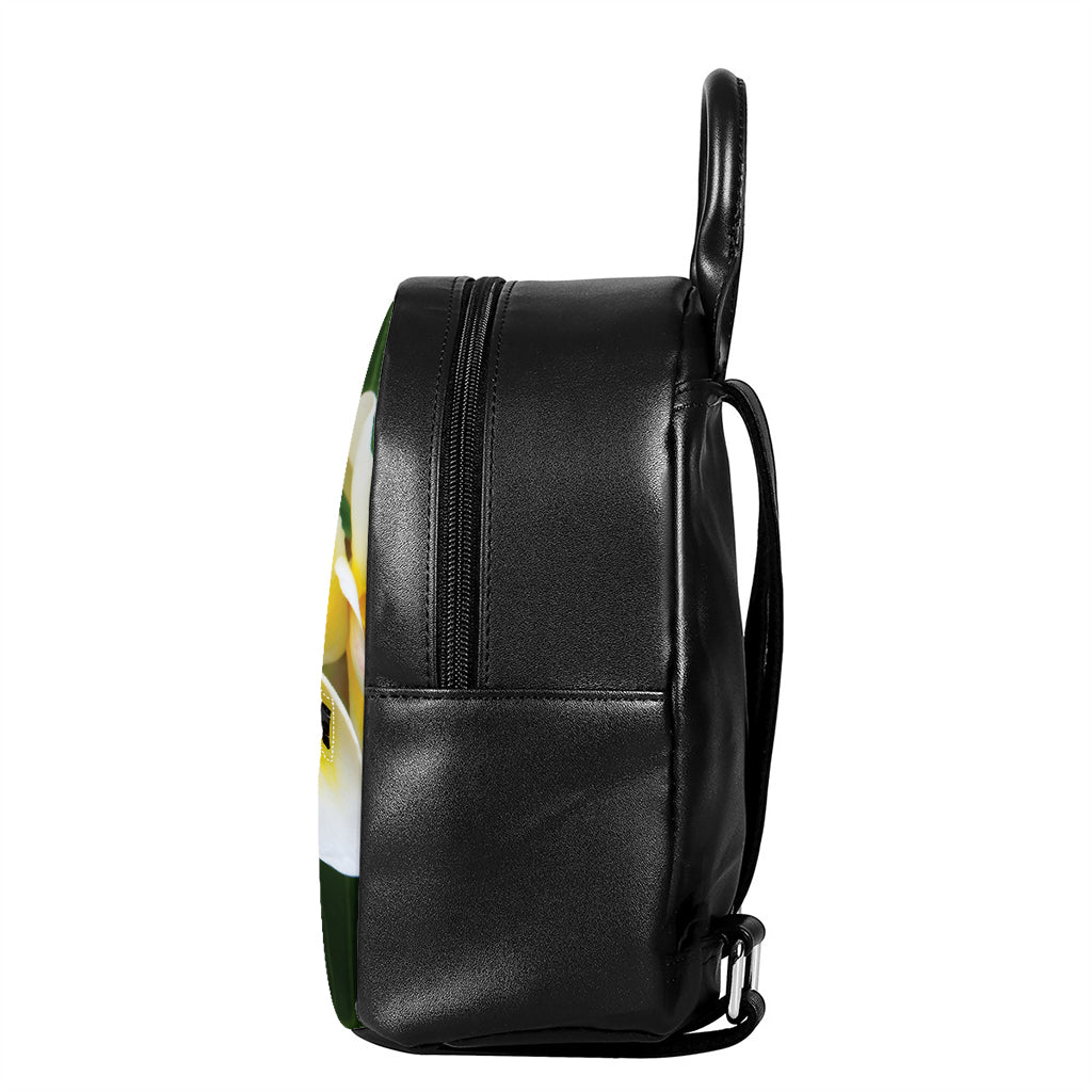 White And Yellow Plumeria Flower Print Leather Backpack