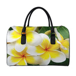 White And Yellow Plumeria Flower Print Leather Duffle Bag