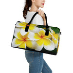 White And Yellow Plumeria Flower Print Leather Duffle Bag