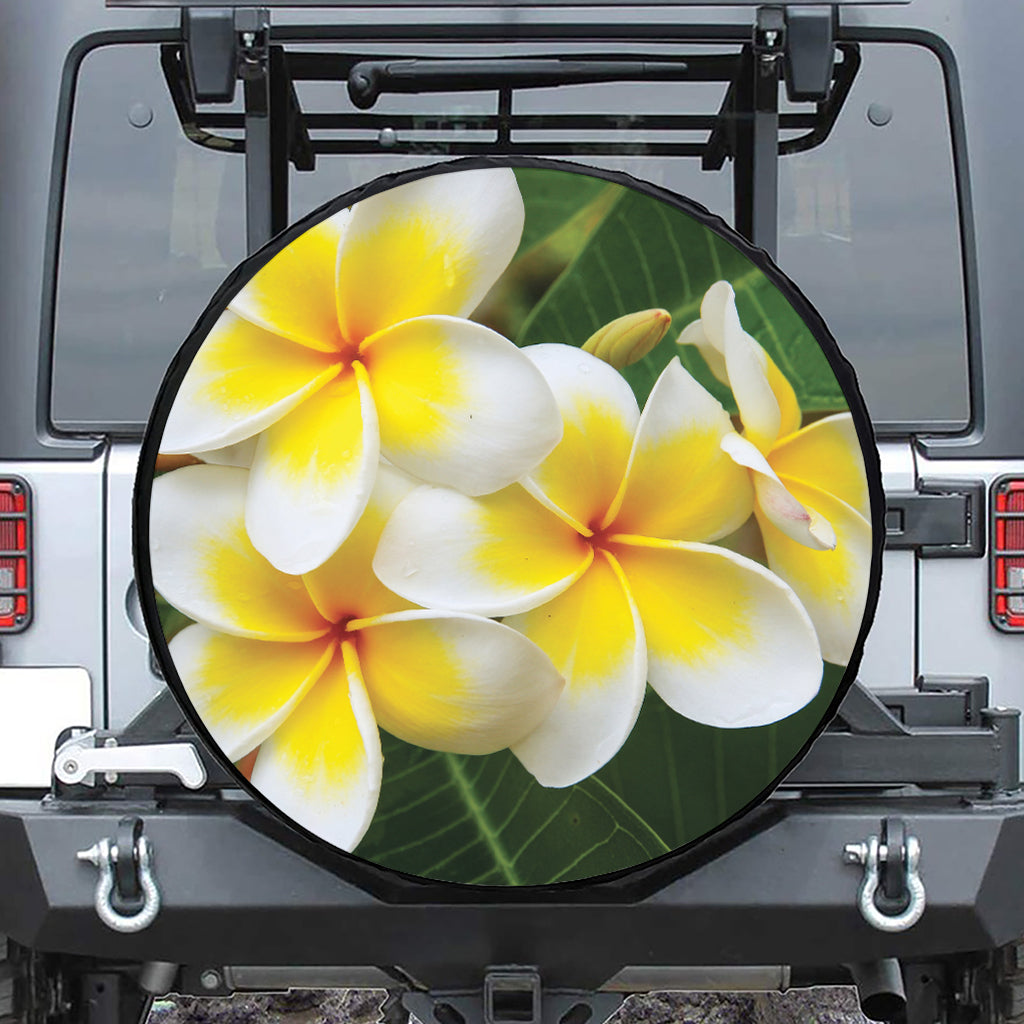 White And Yellow Plumeria Flower Print Leather Spare Tire Cover