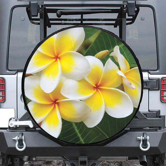 White And Yellow Plumeria Flower Print Leather Spare Tire Cover