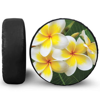White And Yellow Plumeria Flower Print Leather Spare Tire Cover