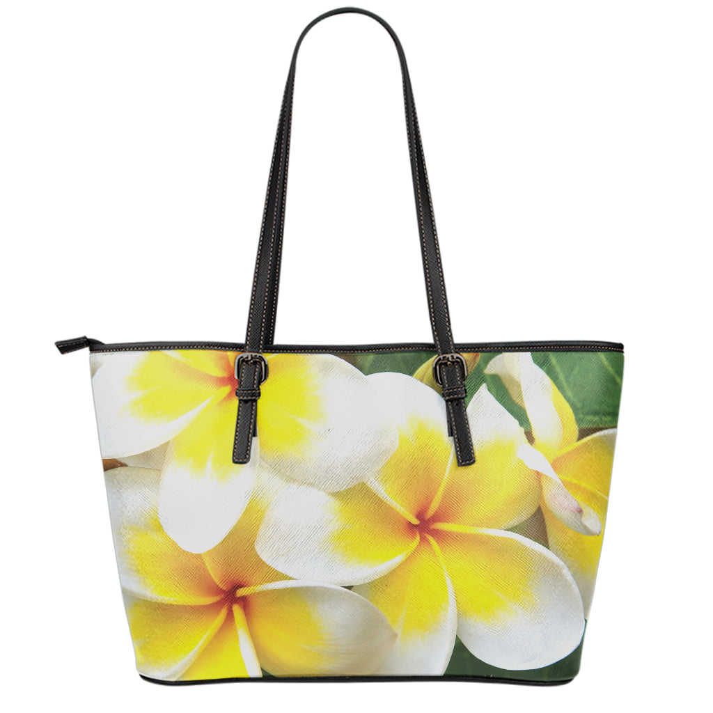 White And Yellow Plumeria Flower Print Leather Tote Bag
