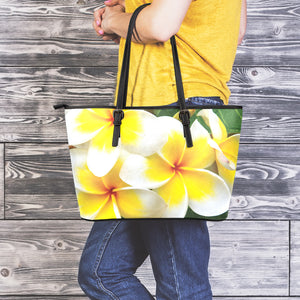 White And Yellow Plumeria Flower Print Leather Tote Bag