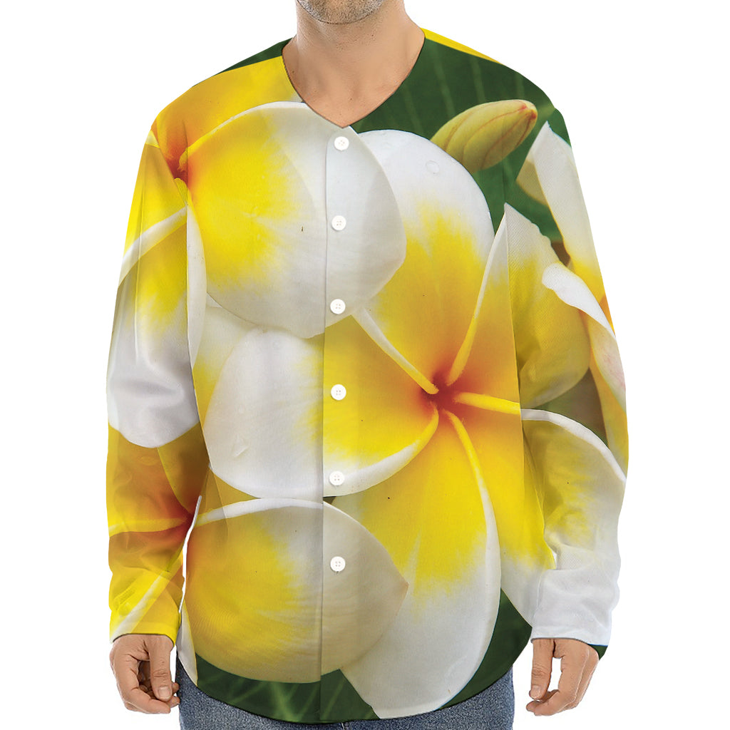 White And Yellow Plumeria Flower Print Long Sleeve Baseball Jersey