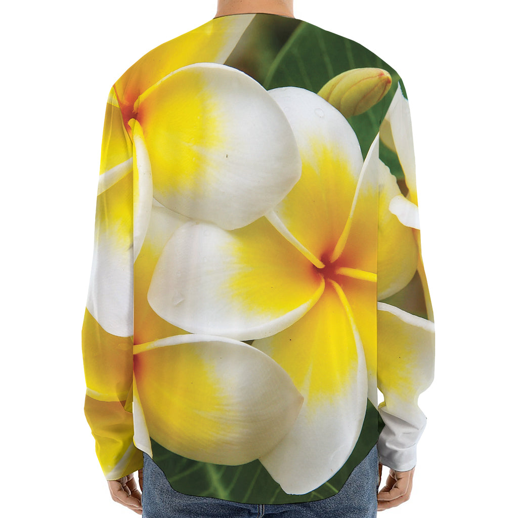 White And Yellow Plumeria Flower Print Long Sleeve Baseball Jersey