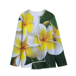 White And Yellow Plumeria Flower Print Long Sleeve Short Coat