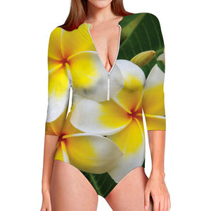 White And Yellow Plumeria Flower Print Long Sleeve Swimsuit