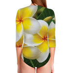 White And Yellow Plumeria Flower Print Long Sleeve Swimsuit