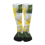White And Yellow Plumeria Flower Print Long Socks