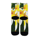 White And Yellow Plumeria Flower Print Long Socks