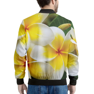 White And Yellow Plumeria Flower Print Men's Bomber Jacket