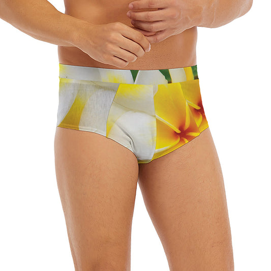 White And Yellow Plumeria Flower Print Men's Briefs