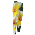White And Yellow Plumeria Flower Print Men's Compression Pants