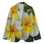 White And Yellow Plumeria Flower Print Men's Cotton Blazer