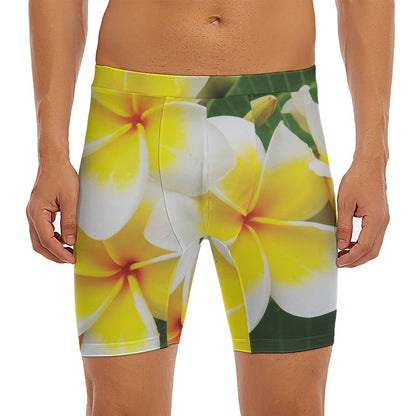 White And Yellow Plumeria Flower Print Men's Long Boxer Briefs
