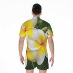 White And Yellow Plumeria Flower Print Men's Rompers