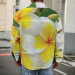 White And Yellow Plumeria Flower Print Men's Shirt Jacket